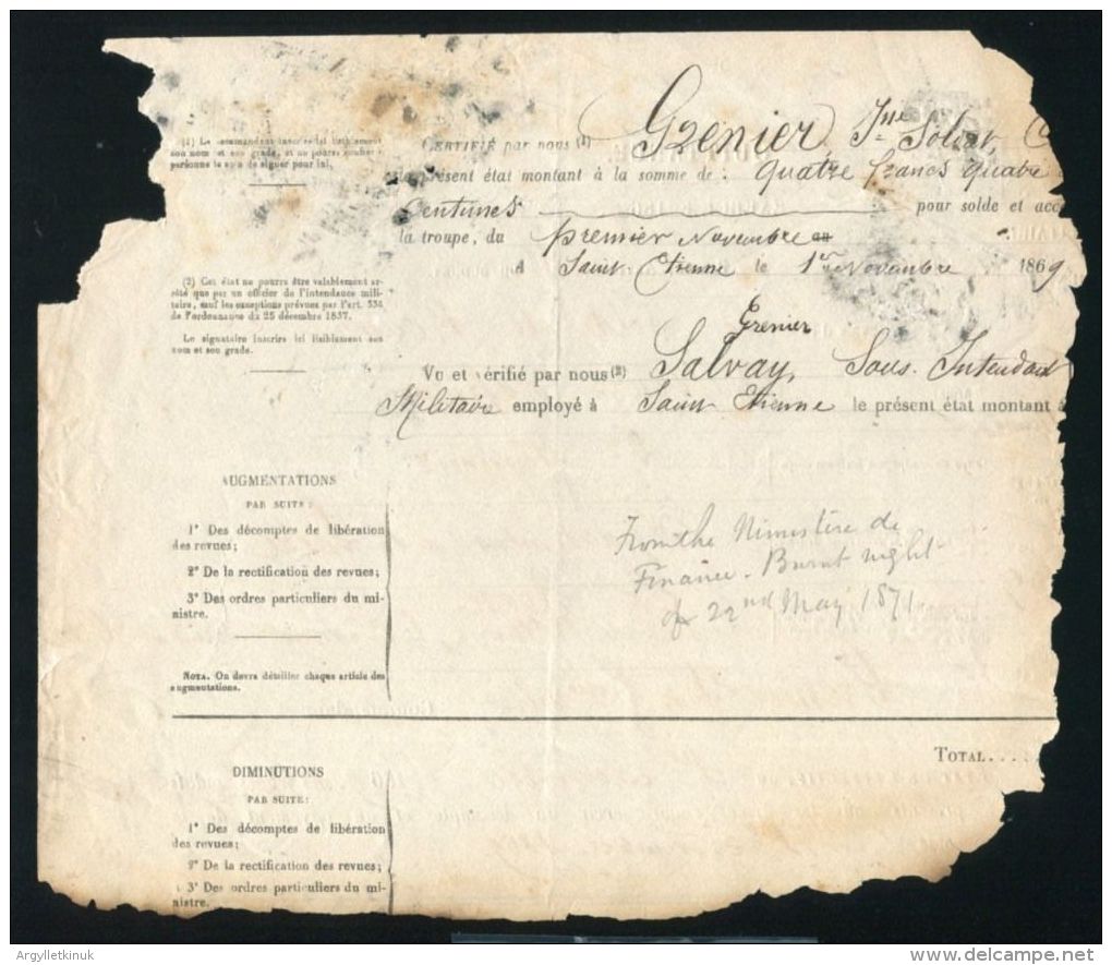 RARE DOCUMENT THAT SURVIVED THE BURNING OF MINISTRY OF FINANCE 22 MAY 1871 - Historical Documents