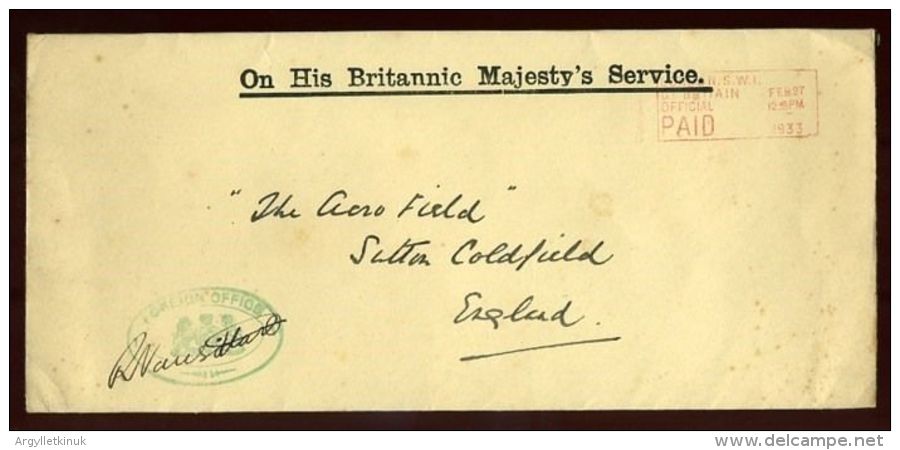 KING GEORGE Vth OHMS ENVELOPE FOREIGN OFFICE 1933 - Covers & Documents