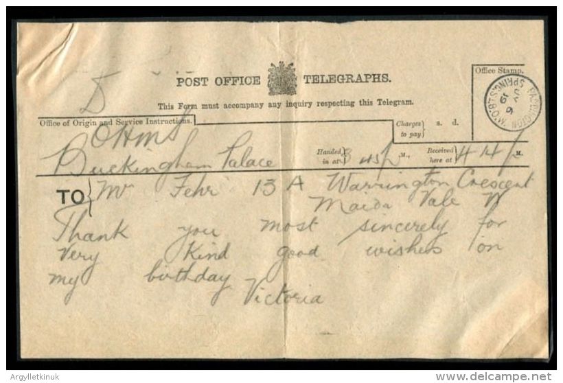 HRH PRINCESS VICTORIA TELEGRAM BUCKINGHAM PALACE 1919 - Historical Documents