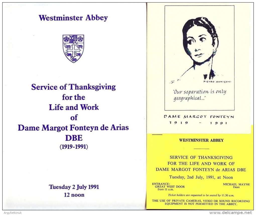 SERVICE OF THANKSGIVING WESTMINSTER ABBEY BALLERINA DAME MARGOT FONTEYN 1991 - Programmi