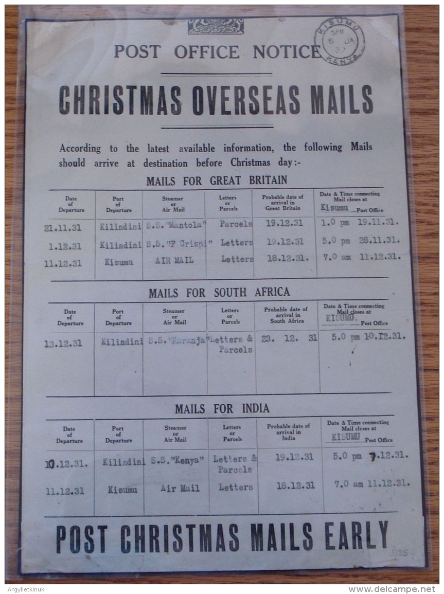 KENYA POST OFFICE NOTICE CHRISTMAS MAILS SHIPPING KISUMU P.O. 1932 - Historical Documents