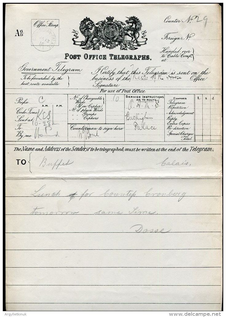 GB OHMS QUEEN VICTORIA TELEGRAM MASTER OF THE HORSE BUCKINGHAM PALACE 1899 - Historical Documents