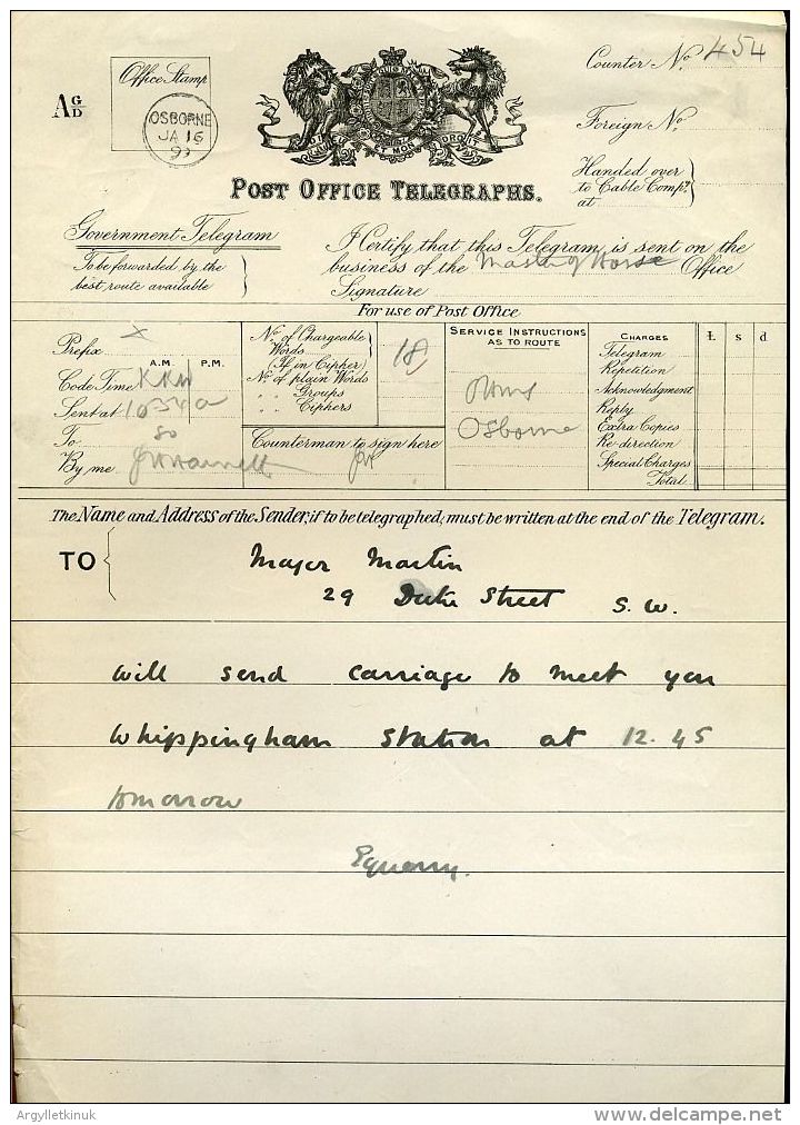 ROYAL TELEGRAM 1899 OSBORNE HOUSE,ISLE OF WIGHT,HORSES - Manuscripts