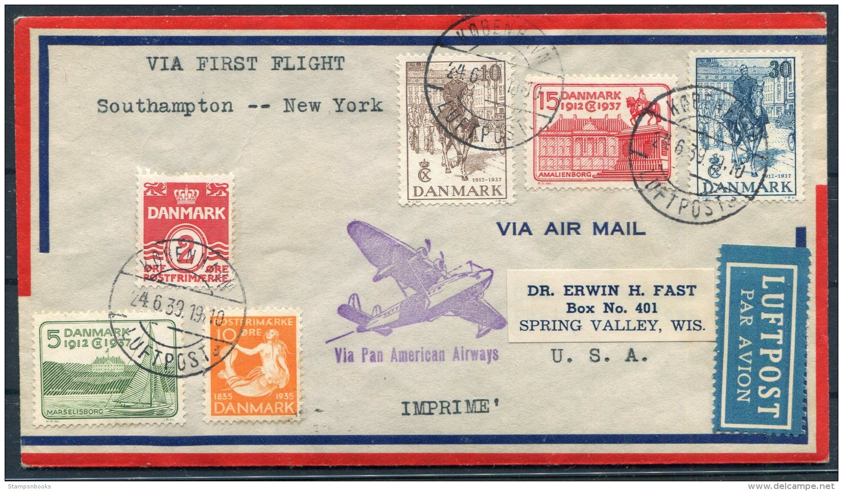 1939 Denmark Copenhagen - Southampton - New York, Pan Am First Flight Cover - Airmail