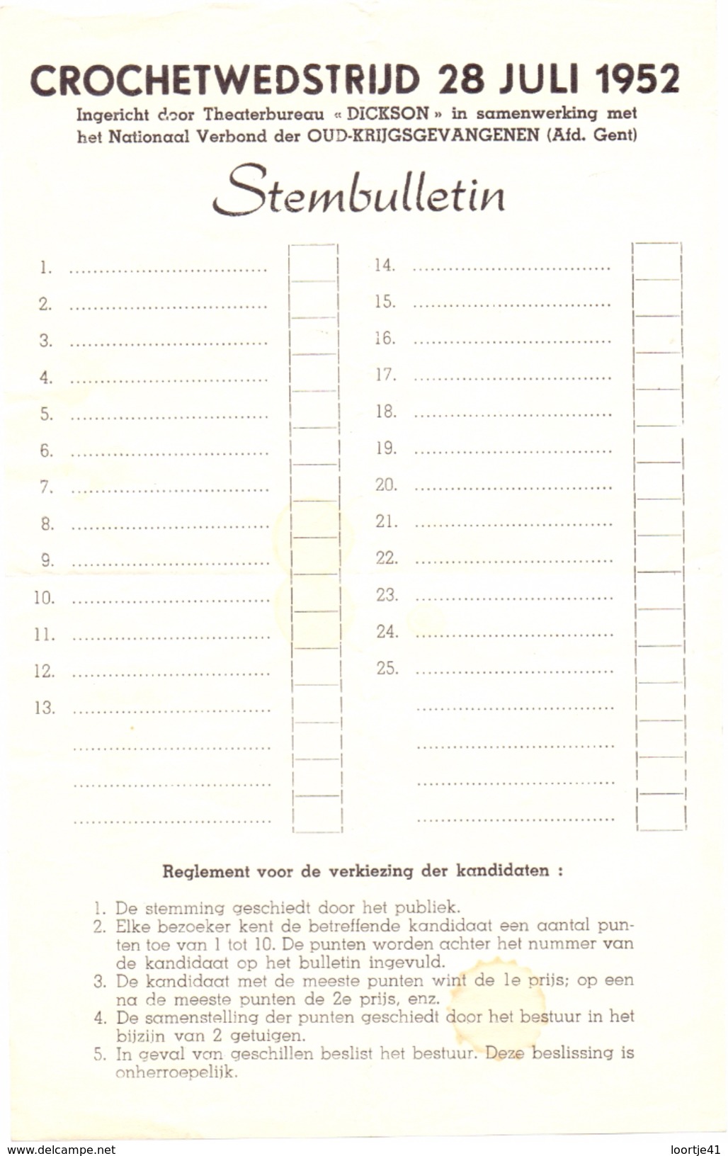 Crochetwedstrijd 28 Juli 1952 - Blanco Stembulletin - Non Classés