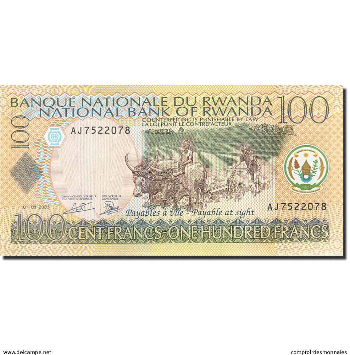 Billet, Rwanda, 100 Francs, 2003, 2003-09-01, KM:29b, NEUF - Rwanda