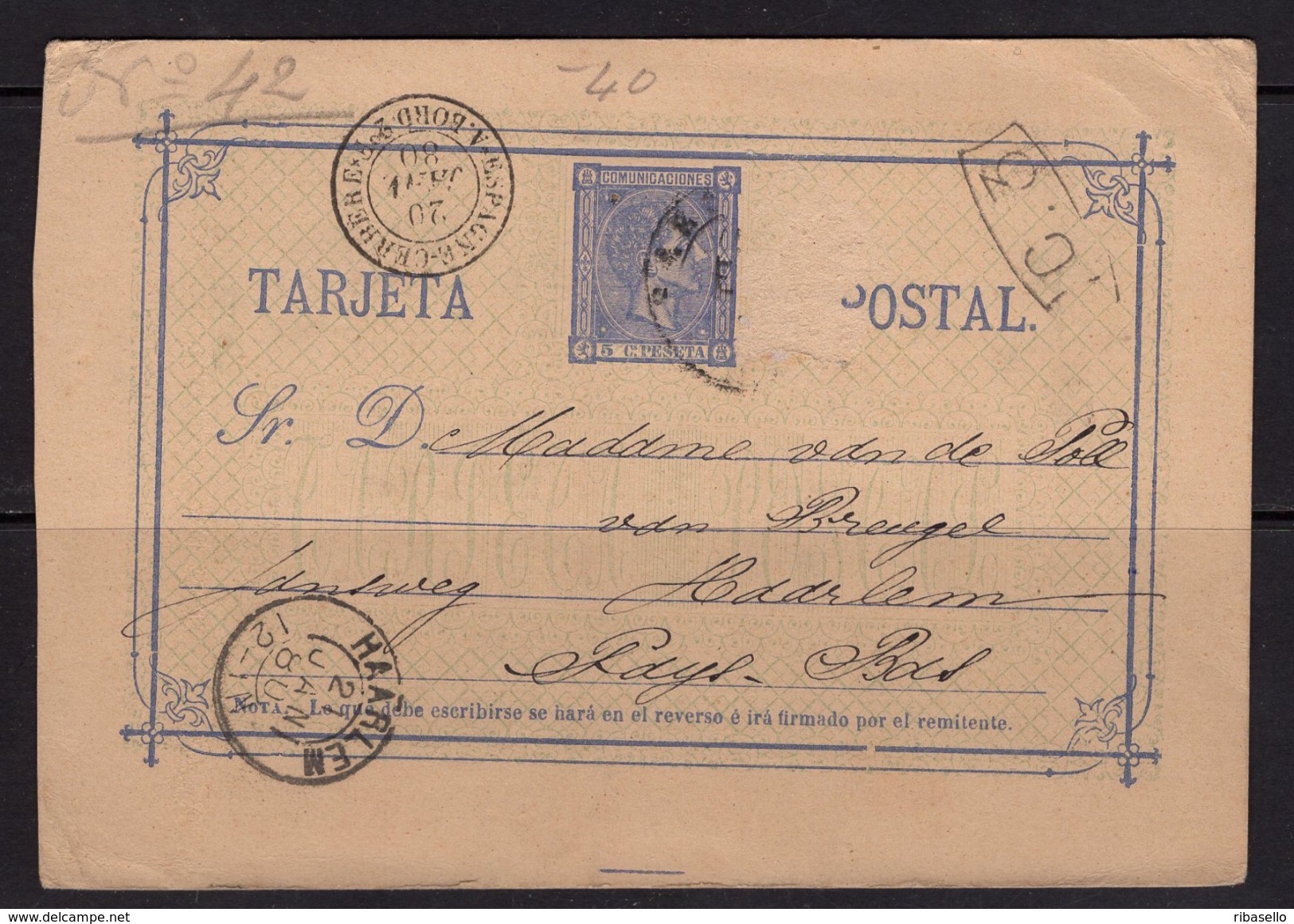 España 1880. Alfonso XII. Tarjeta De Barcelona A Haarlem. Ed 8. - Brieven En Documenten
