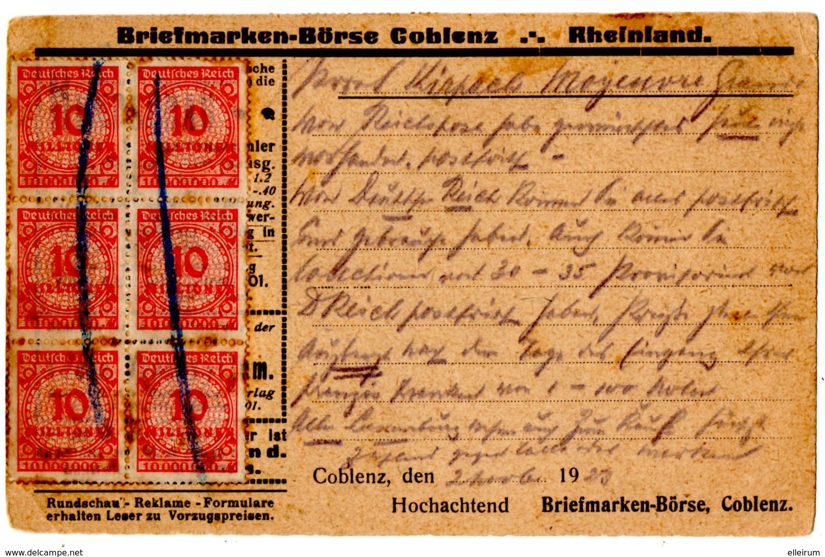 ALLEMAGNE. COBLENZ Sur MILLIONEN  6 X10. AU VERSO BLOC 6 X10. INFLATION. 1923.POUR MOYEUVRE-GRANDE (57) - Sonstige & Ohne Zuordnung