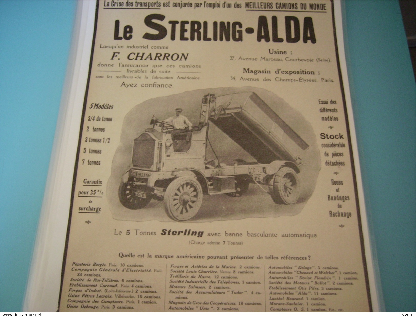 ANCIENNE PUBLICITE CAMION LE STERLING-ALDA 1916 - Camions