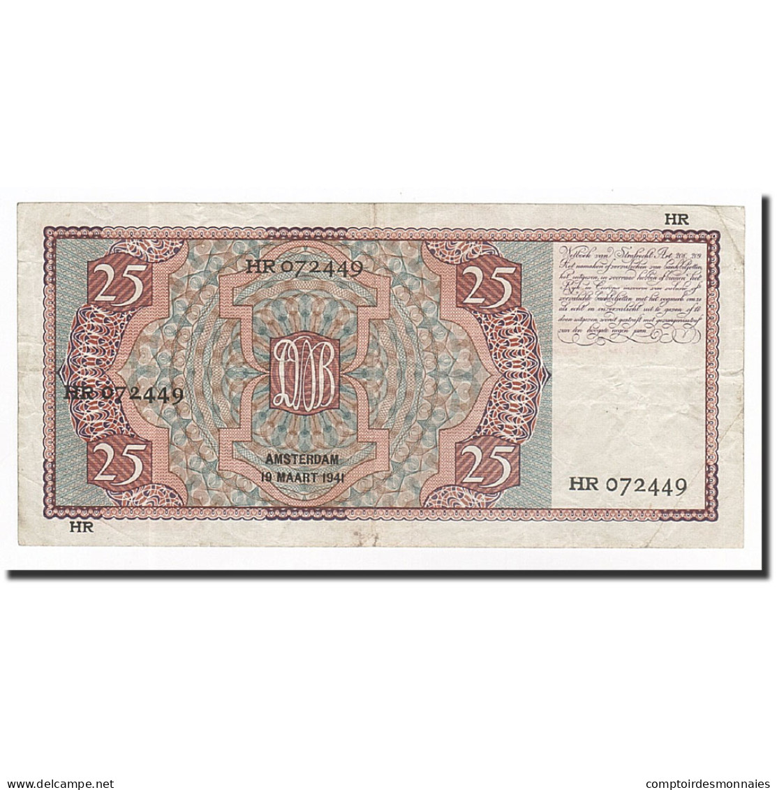 Billet, Pays-Bas, 25 Gulden, 1941-03-19, KM:50, TTB+ - 25 Florín Holandés (gulden)
