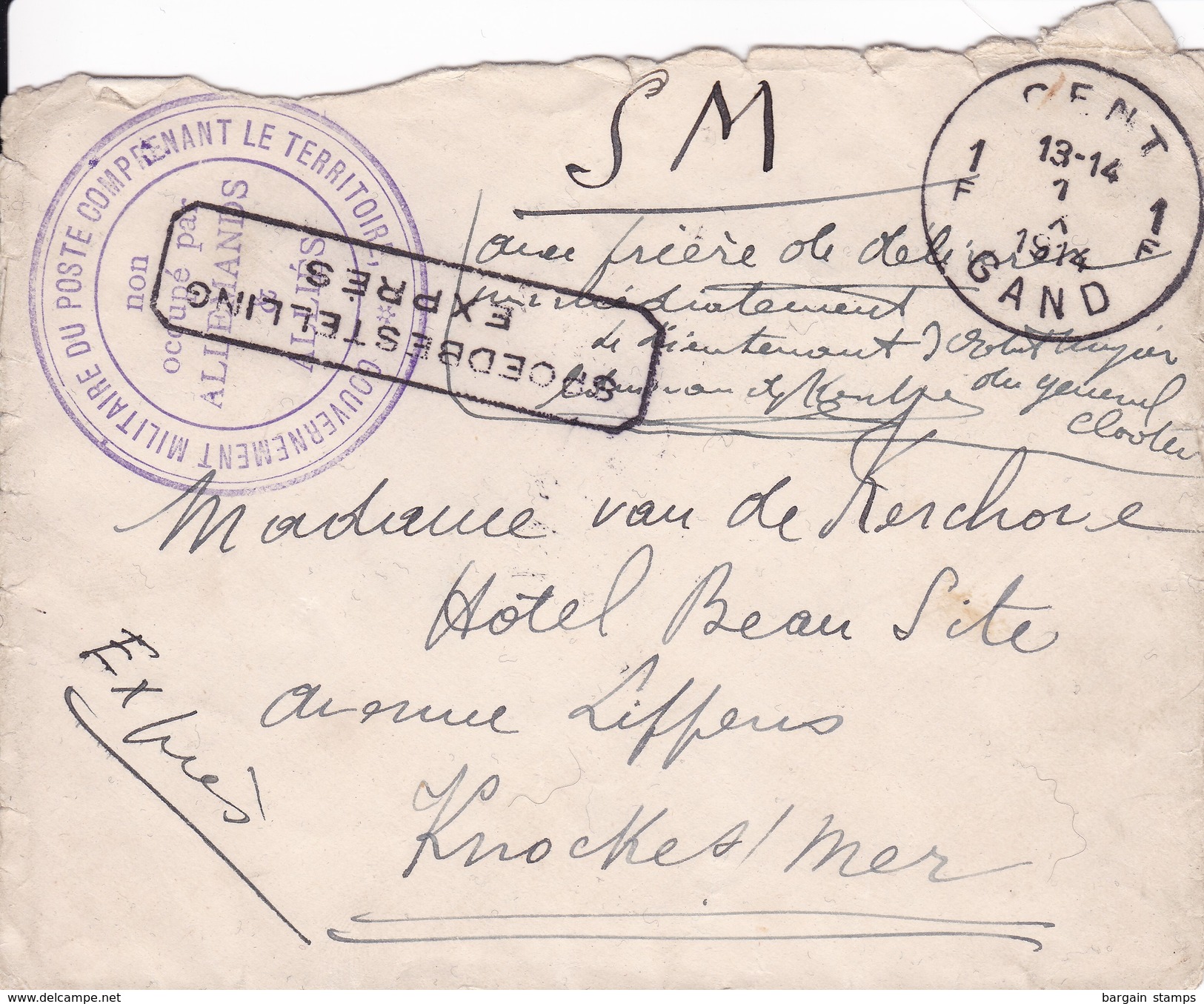 Belgique - Poste Militaire - Lettre De Gand à Knokke En Exprès - Très Beau Cachet Gouvernement Militaire - 1922-1927 Houyoux