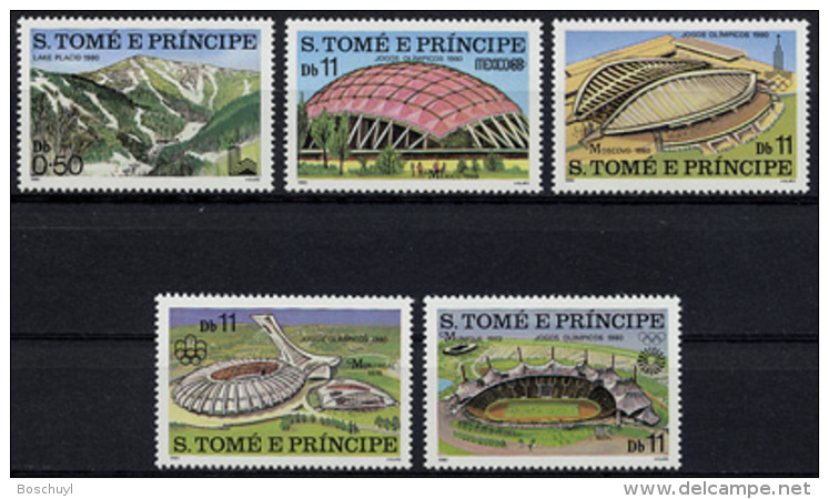 Sao Tome E Principe, 1980, Olympic Summer Games Moscow, Stadiums, MNH Perforated, Michel 632-636A - Sao Tome Et Principe