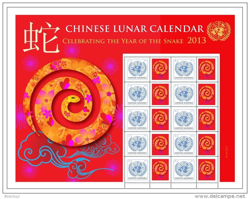 UN New York, Personalized Sheet, 2013, Chinese Lunar Calendar, Year Of The Snake, Full MNH Sheet - Blocs-feuillets