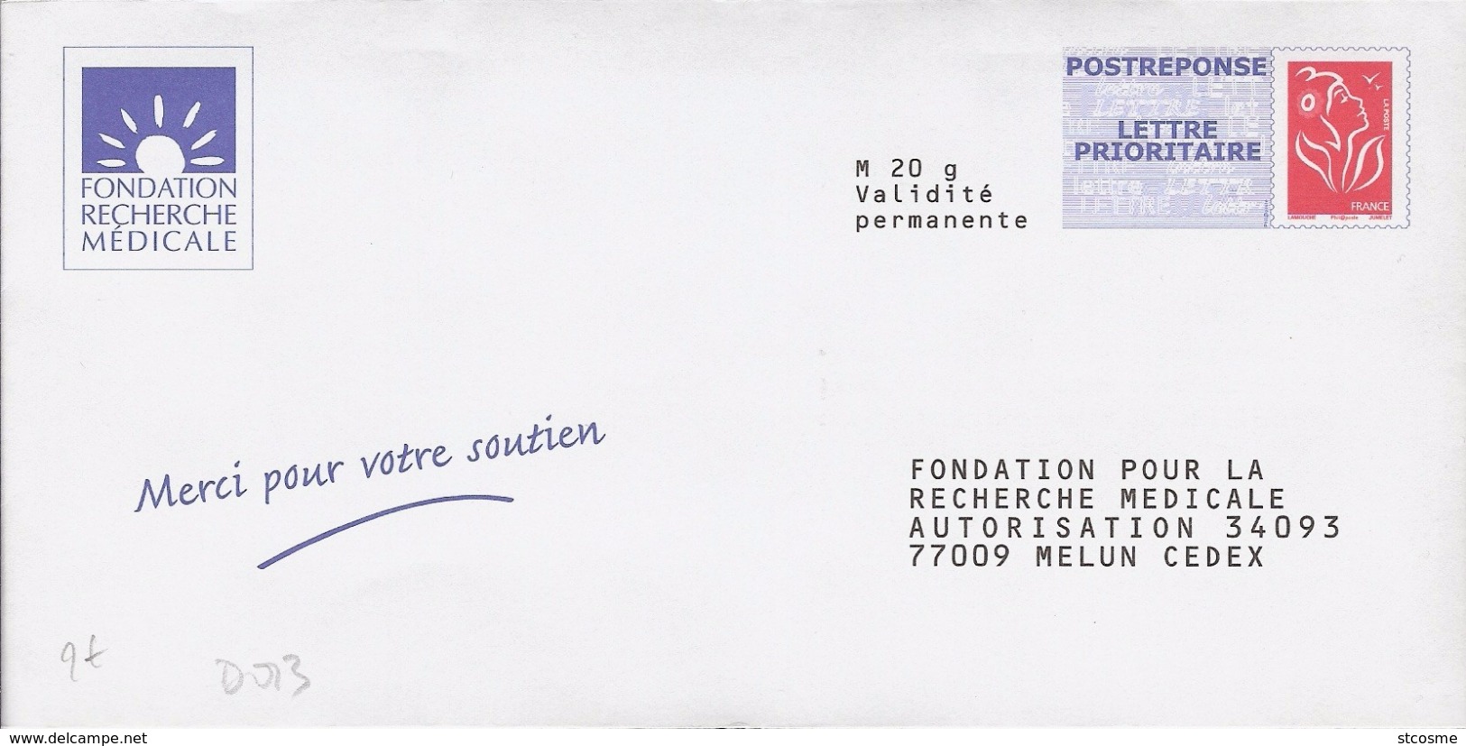 D0013 - Entier / Stationery / PSE - PAP Réponse Lamouche - Fondation Pour La Recherche Médicale - Agrément 08P184 - Prêts-à-poster:Answer/Lamouche