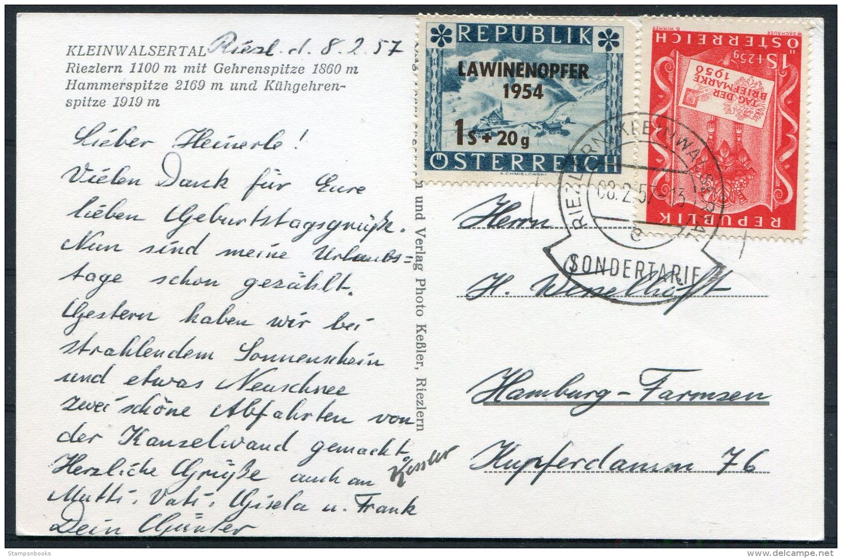 1957 Austria Kleinwalsertal Postcard. Lawinenopfer Opt. Sondertarif Riezlern - Hamburg - Covers & Documents