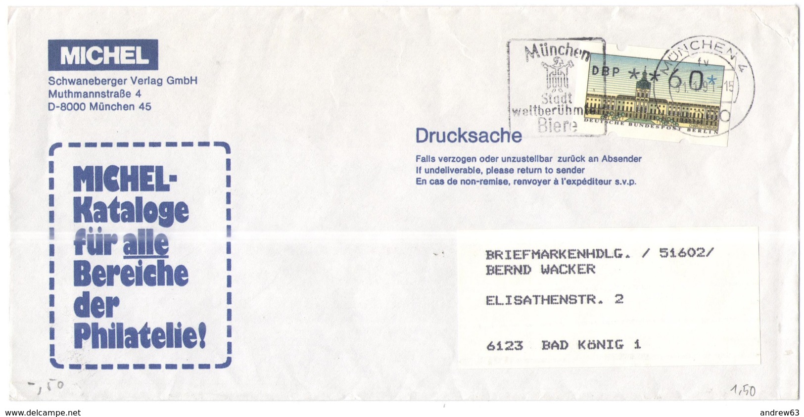 GERMANIA - GERMANY - Deutschland - ALLEMAGNE - BUNDESPOST - Berlin - 1993 - ATM 60 + Flamme München Stadt Weltberühmter - Rollenmarken