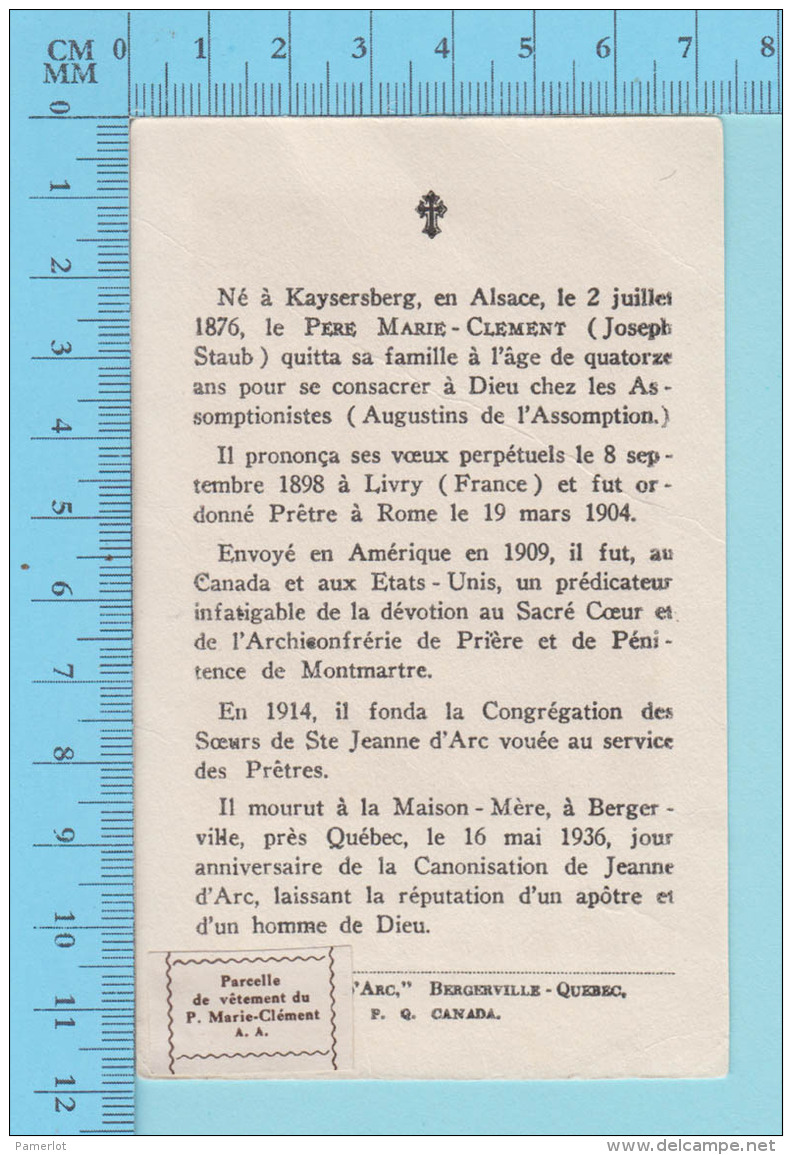 Relique De Poche - Père Marie-Clement A.A. Fondateur Des Soeurs De Ste-Jeanne D'Arc -  Relique Relic Reliquia- 2 Scans - Religion & Esotérisme