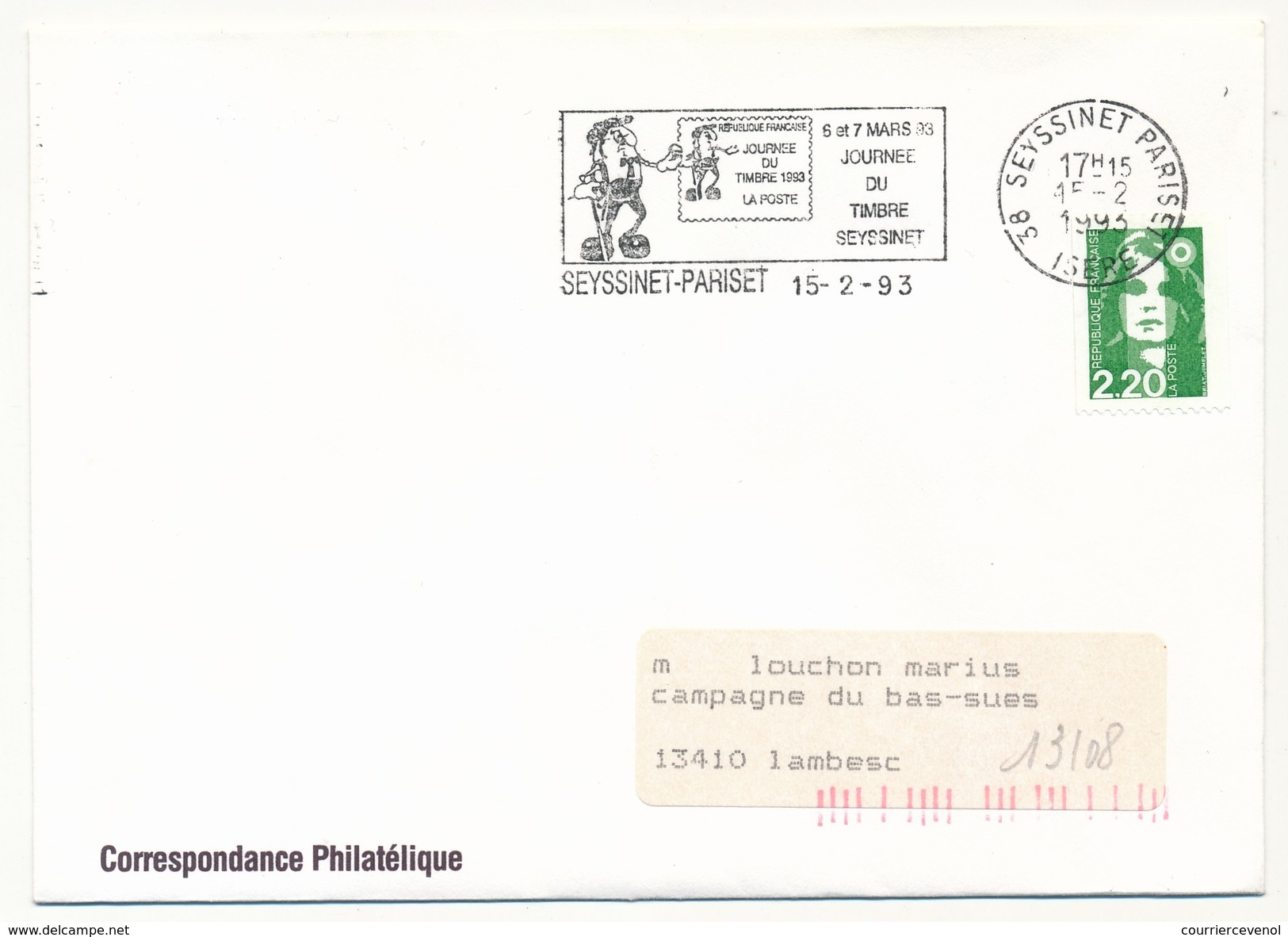 FRANCE - Env. Affr 2,20 Briat - OMEC "Journée Du Timbre 1993 - SEYSSINET-PARISET (Isère) - Stamp's Day