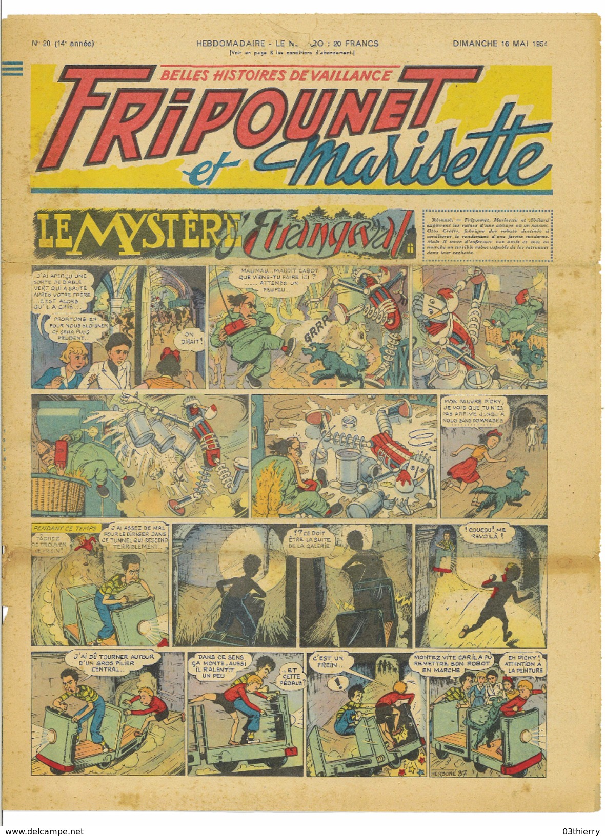 JOURNAL FRIPOUNET ET MARISETTE N°20 14eme ANNEE 16 MAI 1954 LE MYSTERE D'ETRANGEVAL - 1901-1940