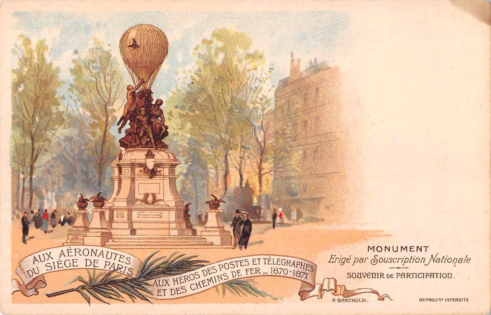 * PARIS (75) Aux Aéronautes Du Siège De Paris.Monument érigé Par BARTHOLDI. Cachet Aéro-Club De France Au Dos 1900 - Other Monuments