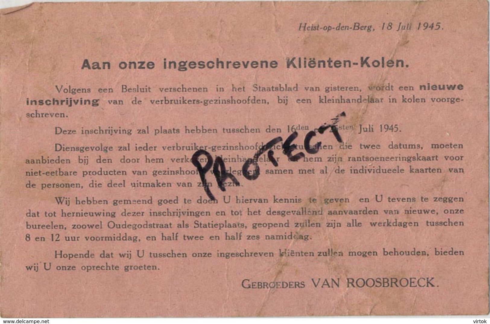 Heist Op Den Berg : Gebroeders VAN ROOSBROECK : Ingeschrevene Kliënten-Kolen 1945 - Heist-op-den-Berg