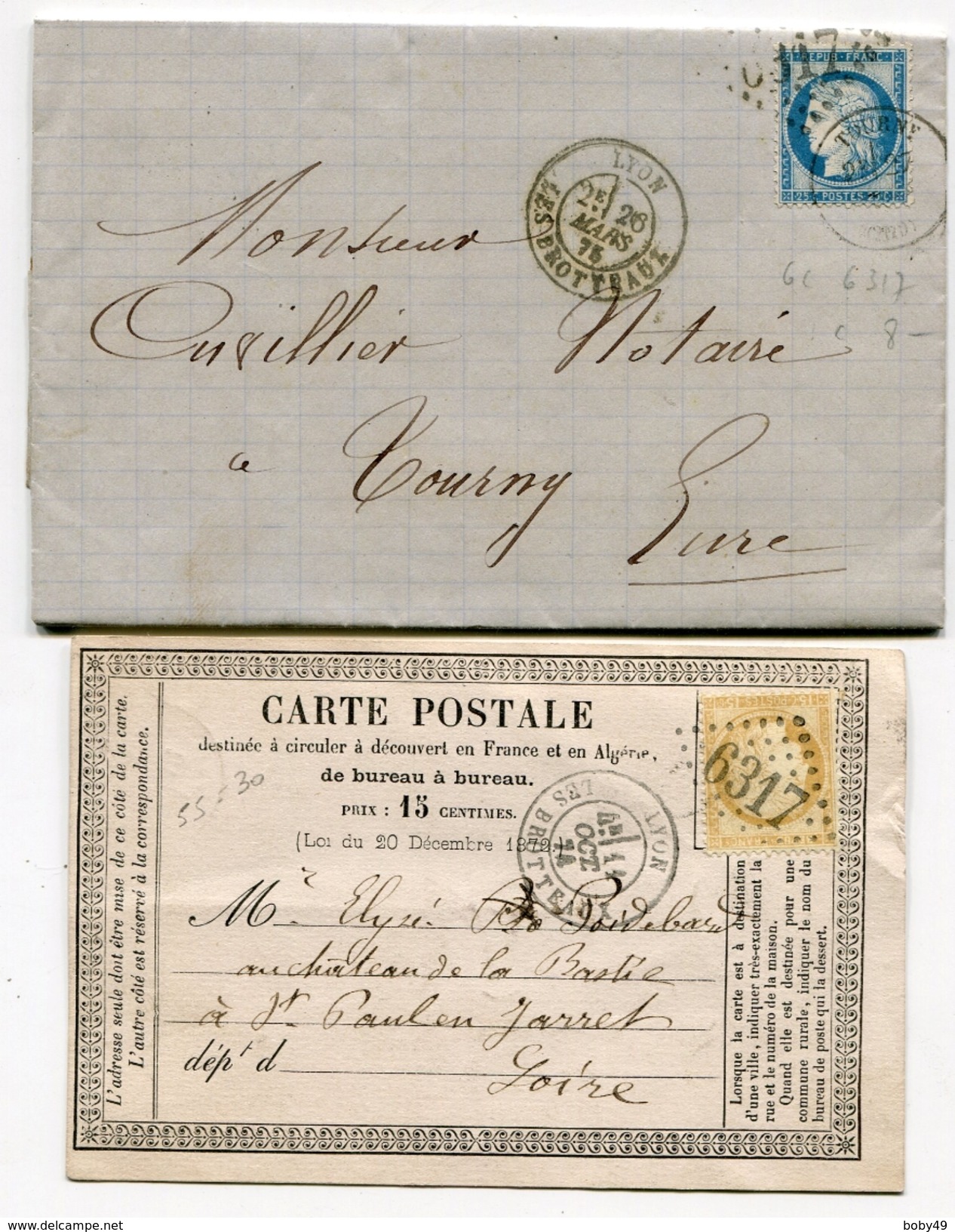 RHONE De LYON LES BROTTEAUX GC 6317 Sur 1 LAC + 1 CP - 1849-1876: Période Classique