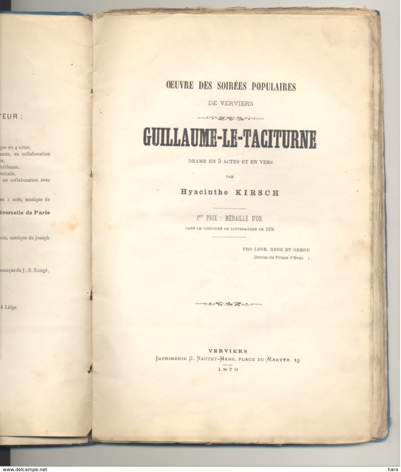 Théâtre, Drame En 5 Actes " Guillaume-le-Taciturne" De Hyacinthe KIRCH - VERVIERS 1879 (LM) - Andere & Zonder Classificatie