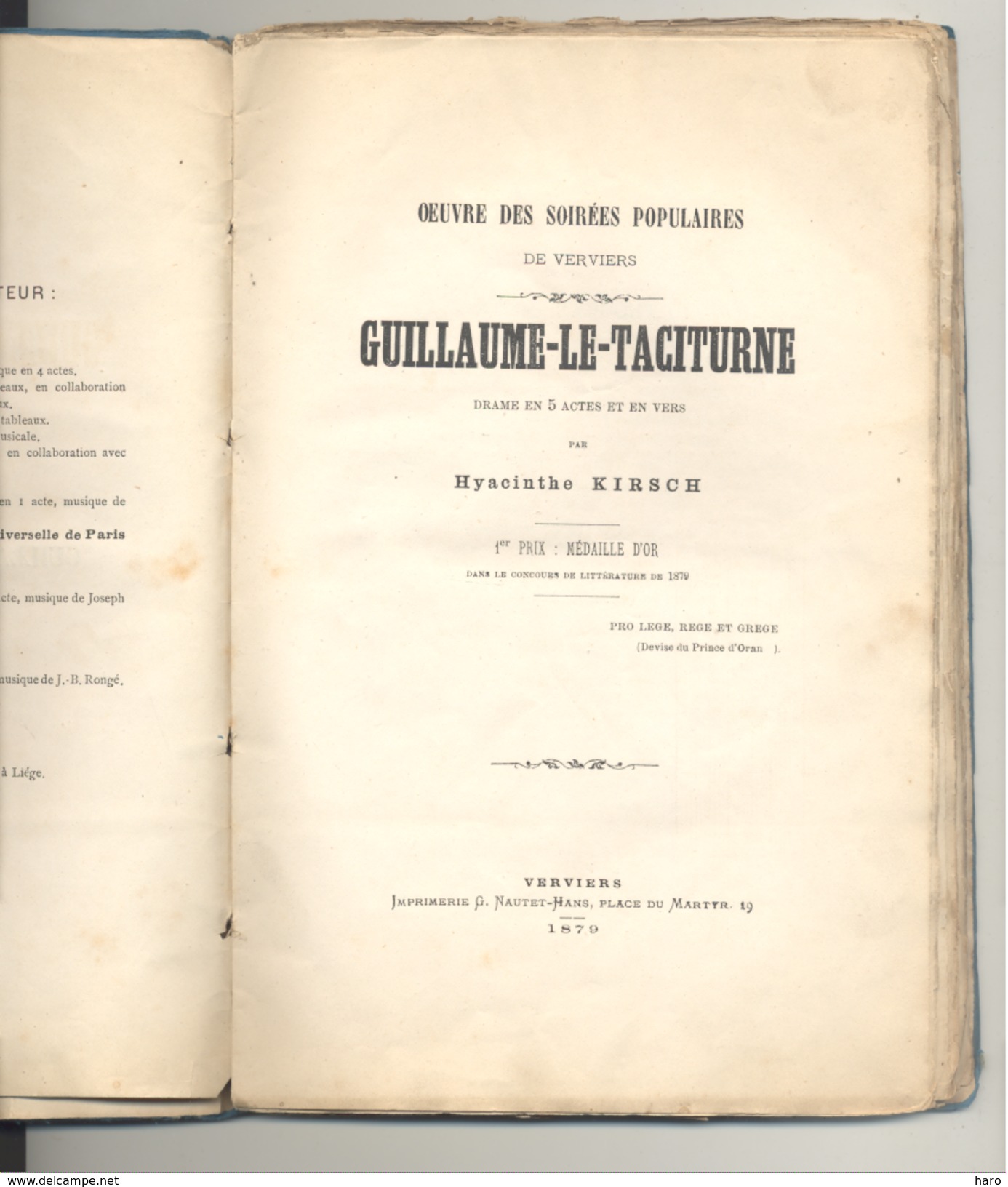 Théâtre, Drame En 5 Actes " Guillaume-le-Taciturne" De Hyacinthe KIRCH - VERVIERS 1879 (LM) - Sonstige & Ohne Zuordnung