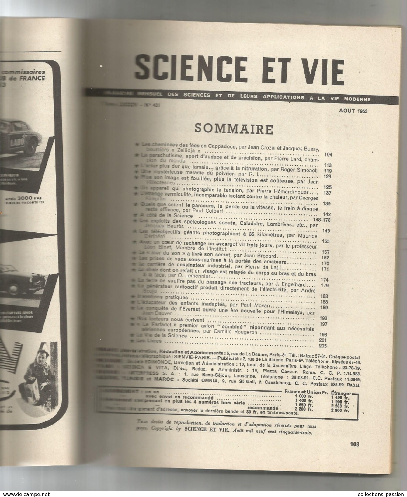 SCIENCE ET  VIE , N° 431 ,aout 1953  , 212 Pages  , 2 Scans , Frais Fr : 3.45 &euro; - Sciences