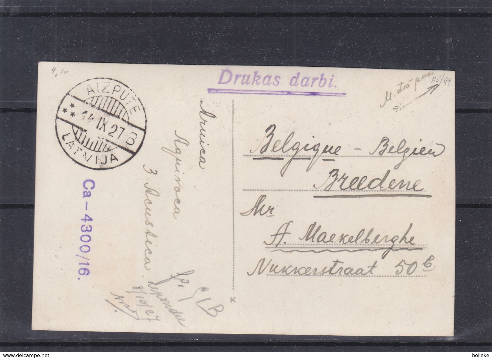 Lettonie - Carte Postale De 1927 - Oblit Aizpute - Exp Vers Breedene En Belgique - Letonia