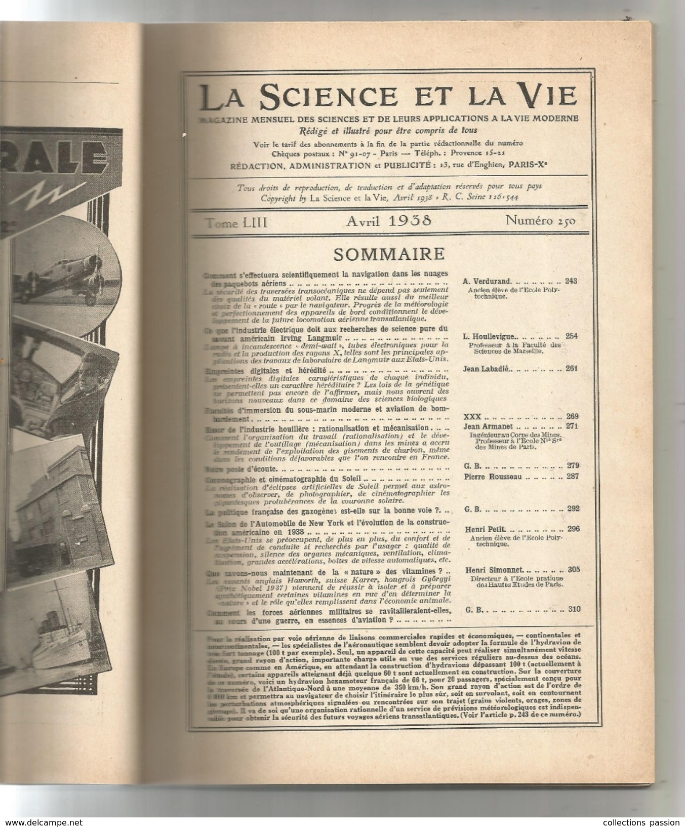 SCIENCE ET  VIE , N° 250 , Avril 1938  , 102 Pages  , 2 Scans , Frais Fr : 3.45 &euro; - Sciences