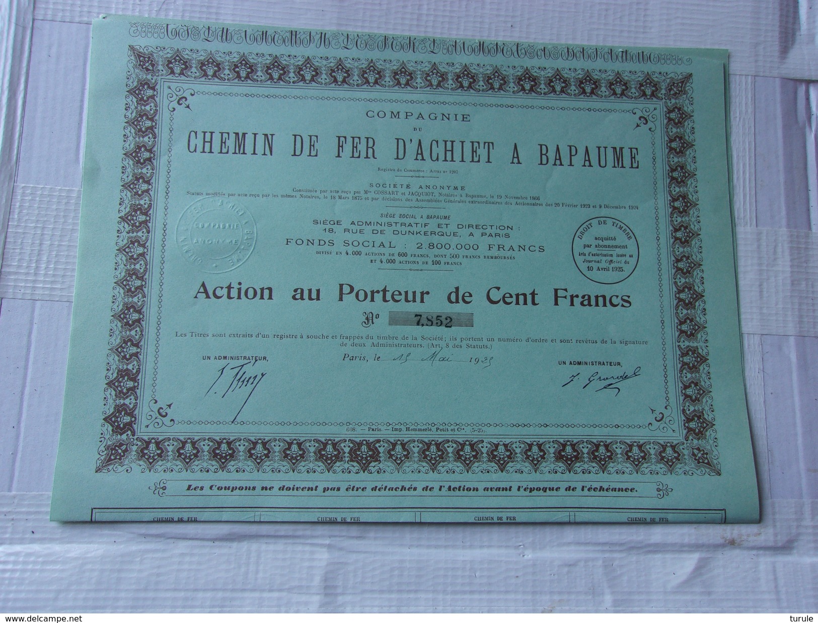 COMPAGNIE DU CHEMIN DE FER D'ACHIET A BAPAUME (1925) - Other & Unclassified