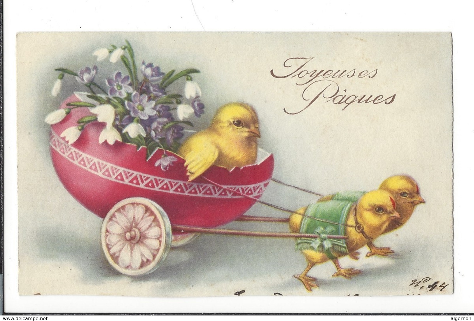 16801 - Joyeuses Pâques Poussins Tirant Un Oeuf Char Avec Poussin Et Fleurs - Pâques