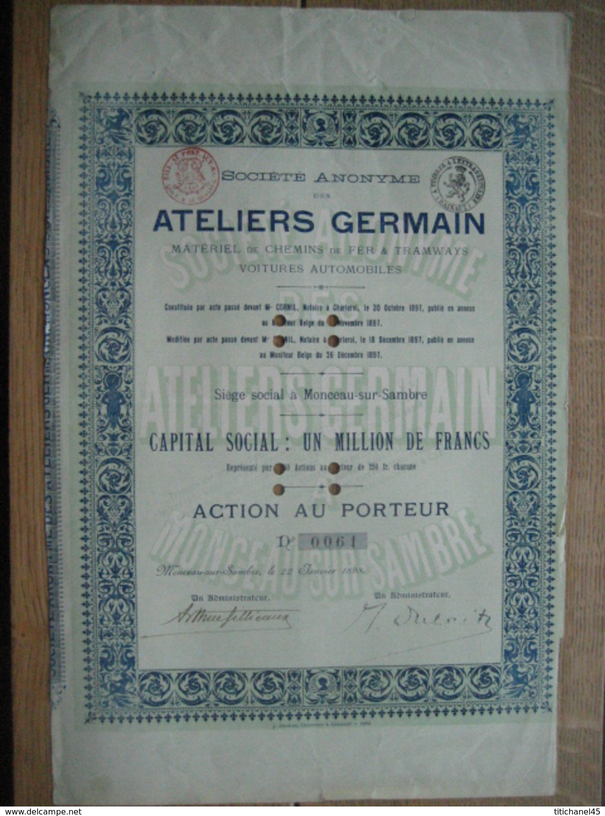 Action De 1898 ATELIERS GERMAIN à MONCEAU-SUR-SAMBRE - Fabrication D'automobiles, Tramways, Matériel De Chemin De Fer... - Auto's