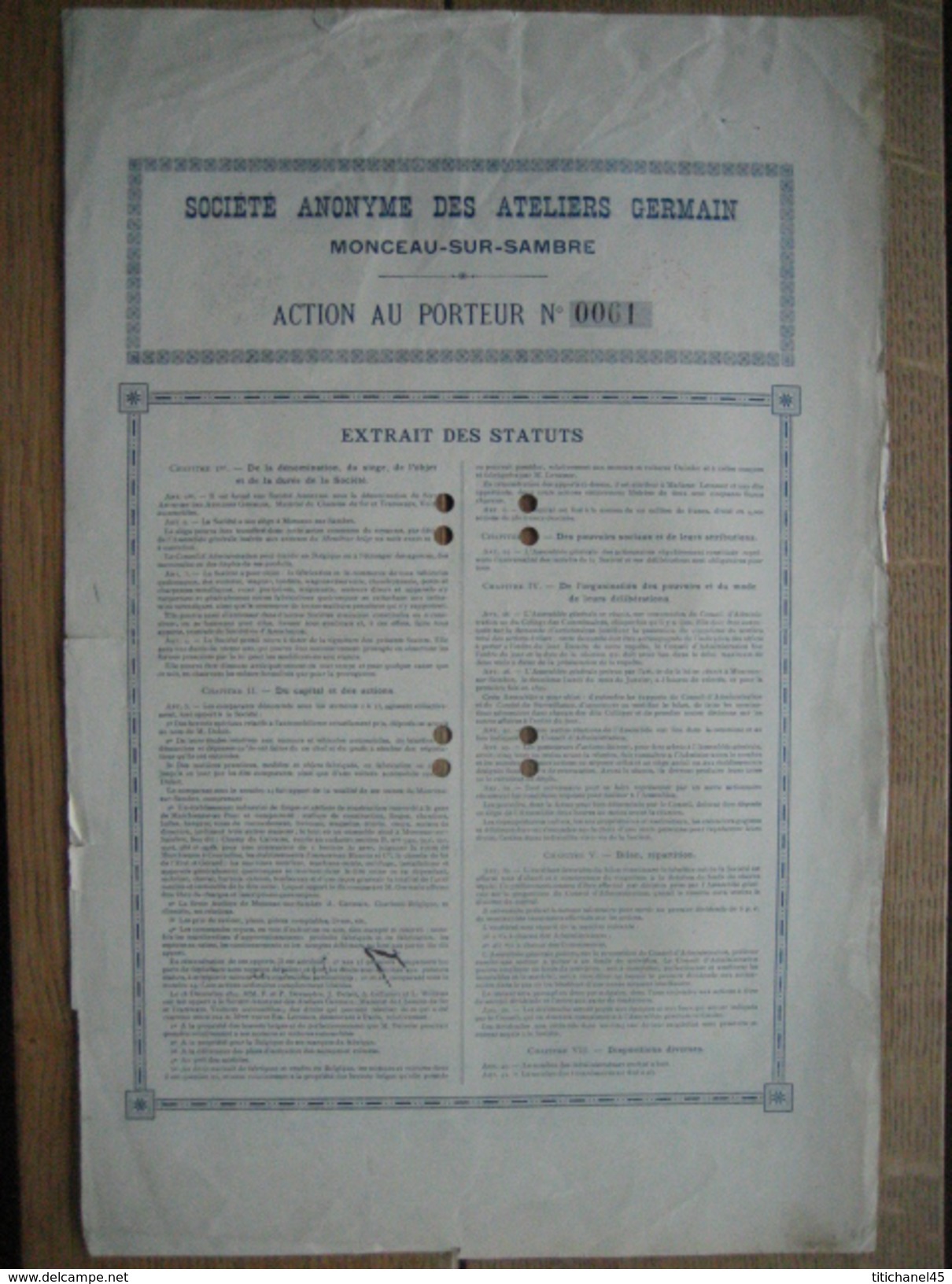 Action De 1898 ATELIERS GERMAIN à MONCEAU-SUR-SAMBRE - Fabrication D'automobiles, Tramways, Matériel De Chemin De Fer... - Cars