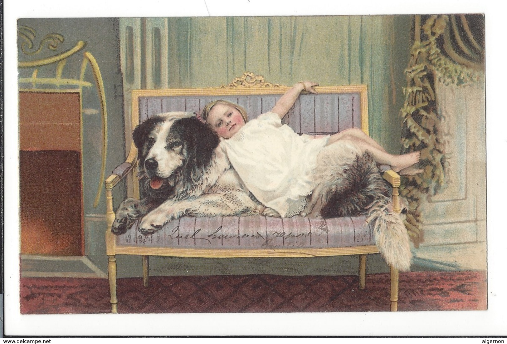 16804 - Chien Et Fillette Couchés Sur Fauteuil Envoyée En 1907 - Chiens