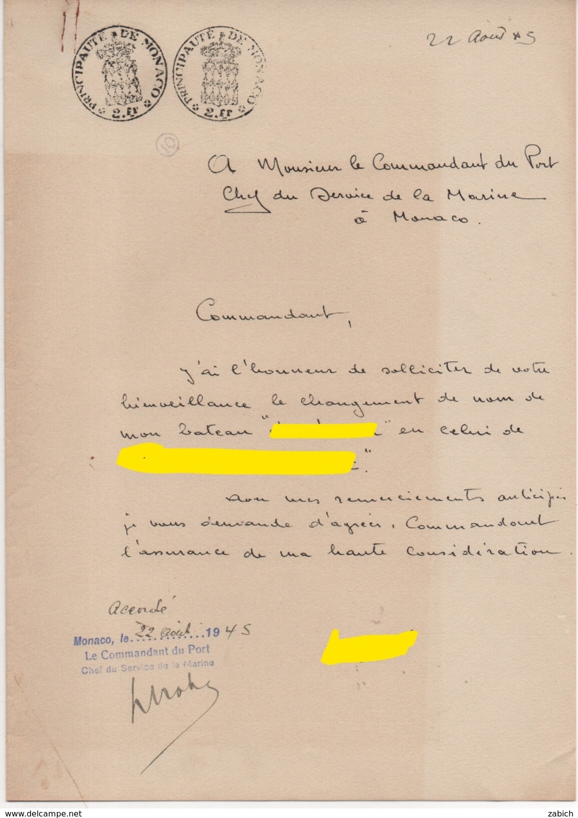 FISCAUX DE MONACO PAPIER TIMBRE à 4 F Par 2 "blason"  2Fr Sur Document Du 22 Avril 1945 Filigrane LOUIS II - Fiscaux