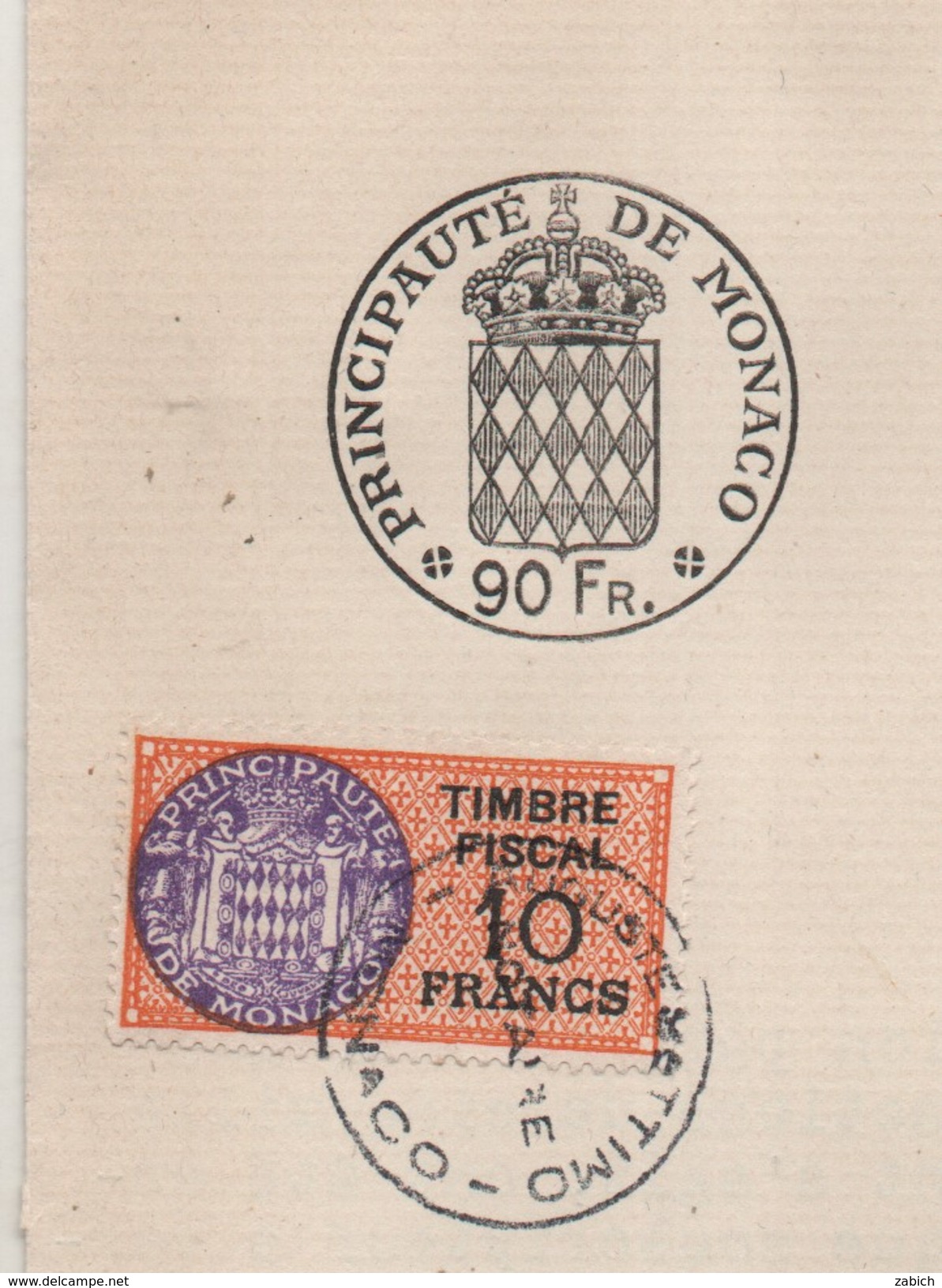 FISCAUX  MONACO PAPIER TIMBRE "blason" 90Fr Sur Document Du 22 Janvier 1947 Porté Au Tarif De 100F Par SU N°6 10F Orange - Fiscale Zegels