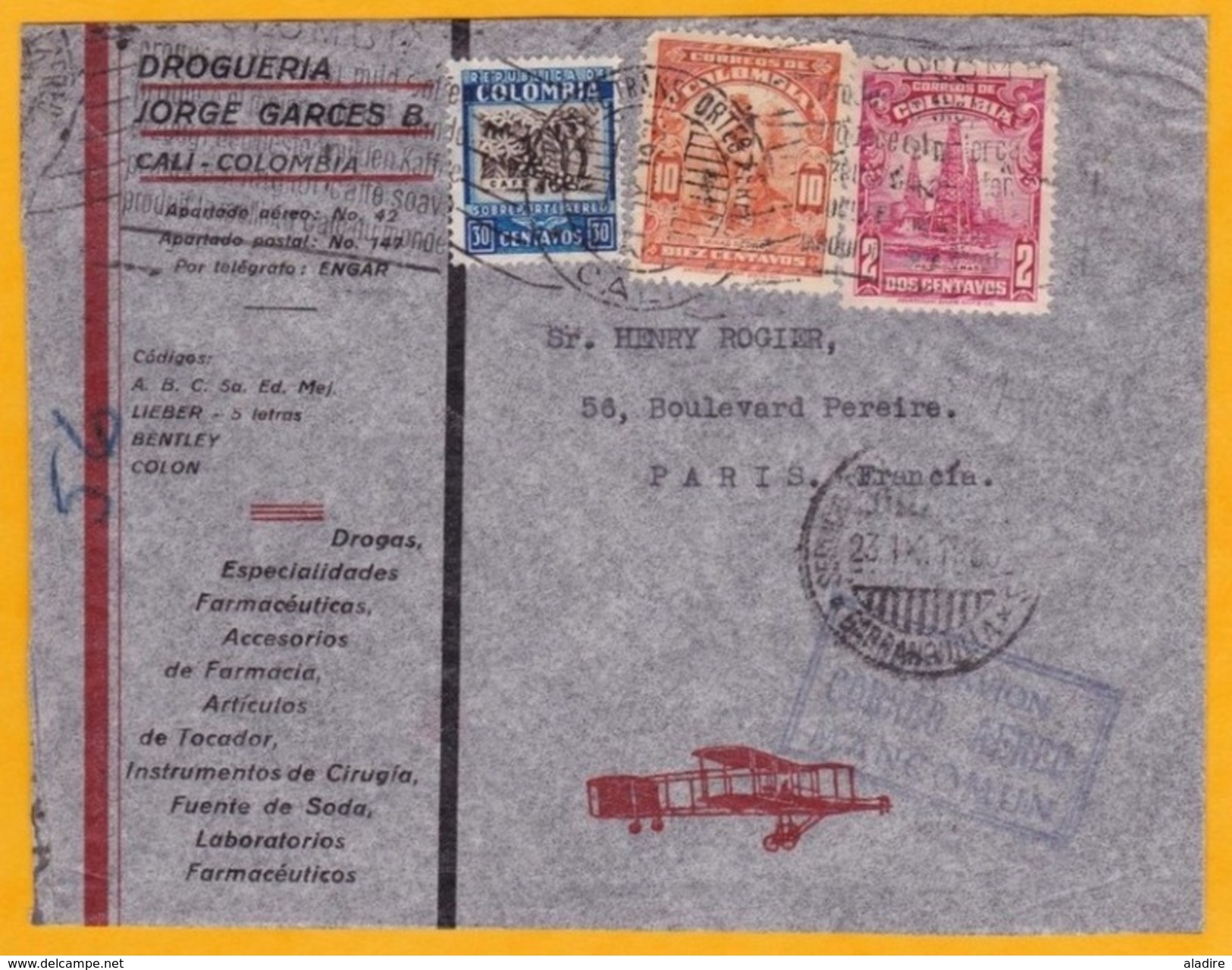 1935  - Enveloppe Par Avion  De Barranquilla, Colombie Vers Paris, France Par MANCOMUN, Alliance De SCADTA Et PANAM - Colombie