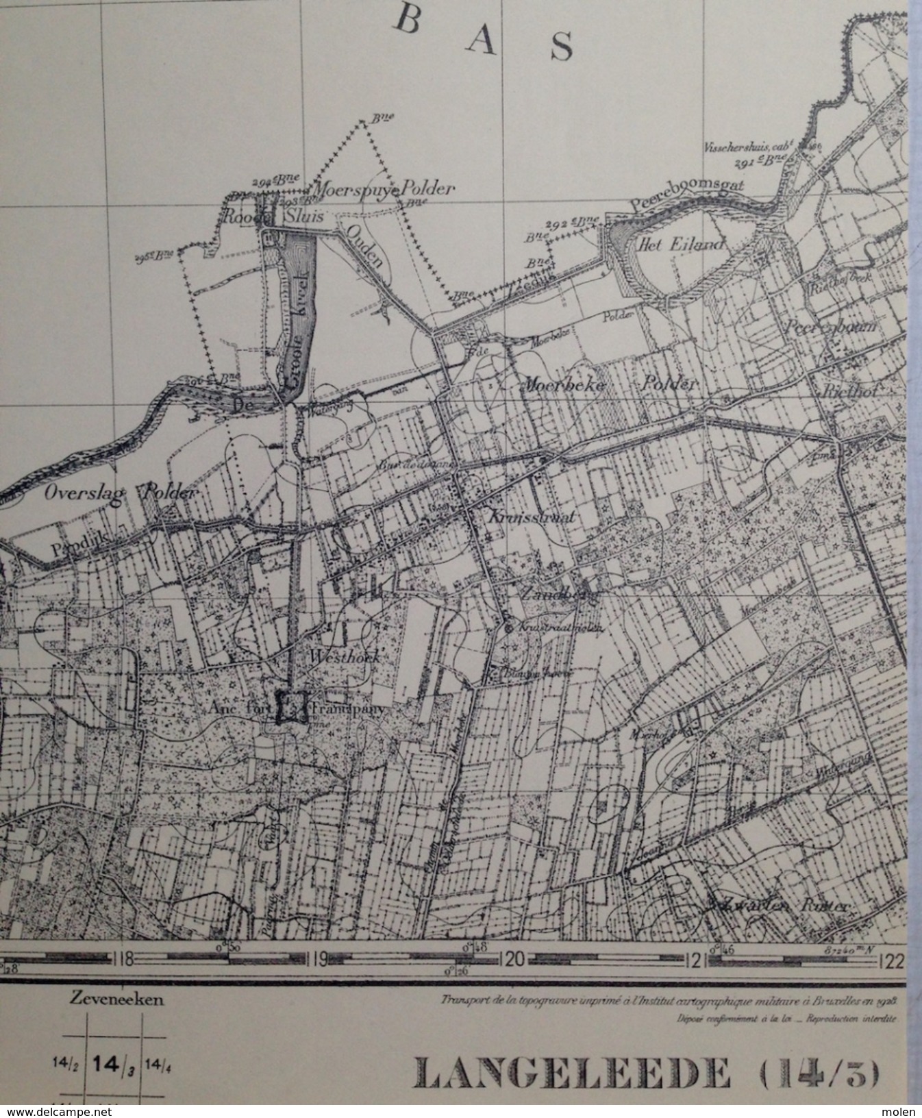 Oude Militaire STAFKAART 14/3 Uit 1909 LANGELEDE OVERSLAG MOERBEKE-POLDER WACHTEBEKE Heemkunde Militair Kaart S524 - Wachtebeke