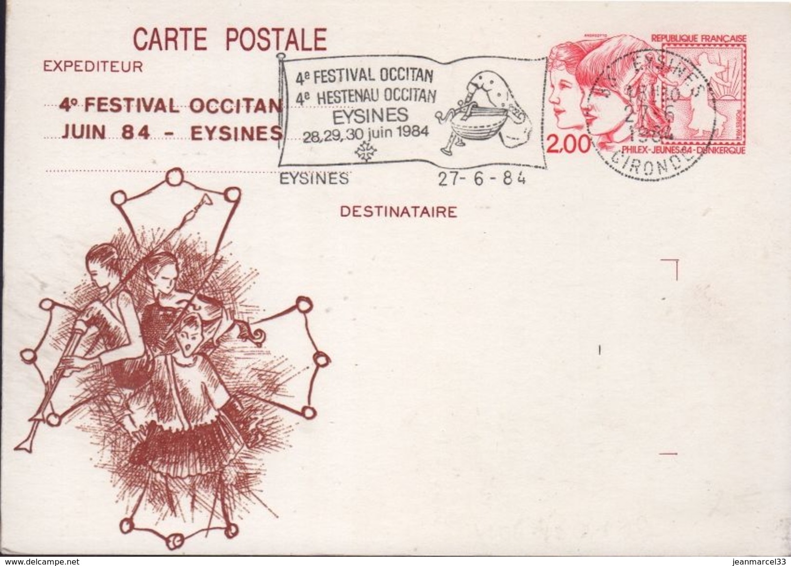 Carte Postale Entier 2,00 PhilexJeunes 84 Repiquée 4e Festival Occitan Oblitération Commémorative Flamme 33 Eysines 27-6 - Cartes Postales Repiquages (avant 1995)