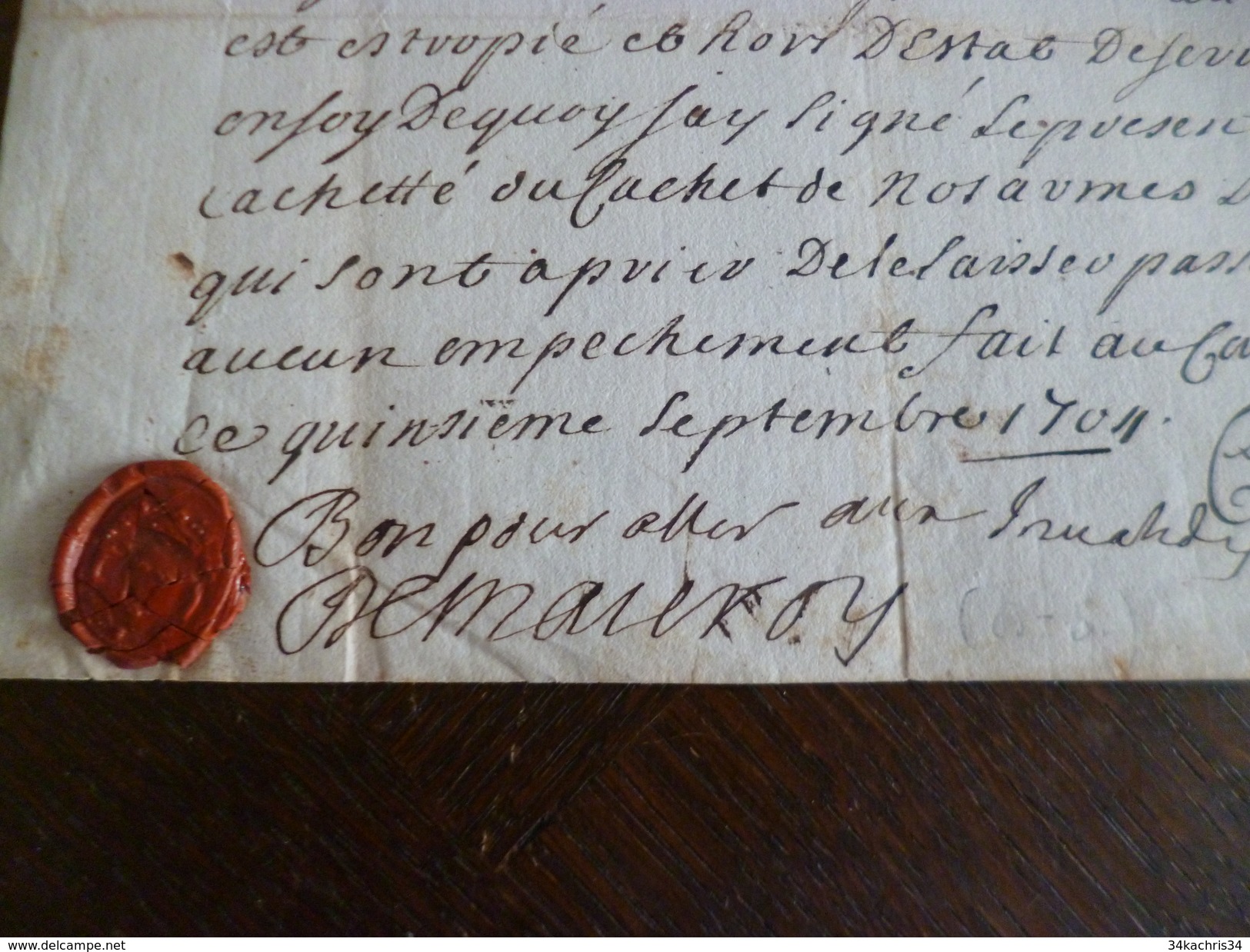 Manuscrit Congé Absolu Et Laisser Passer Gouilliau Dit  Lapierre Cavalier 5/09/1704 Cie D'Egvigny Sceau Aux Armes - Documenten