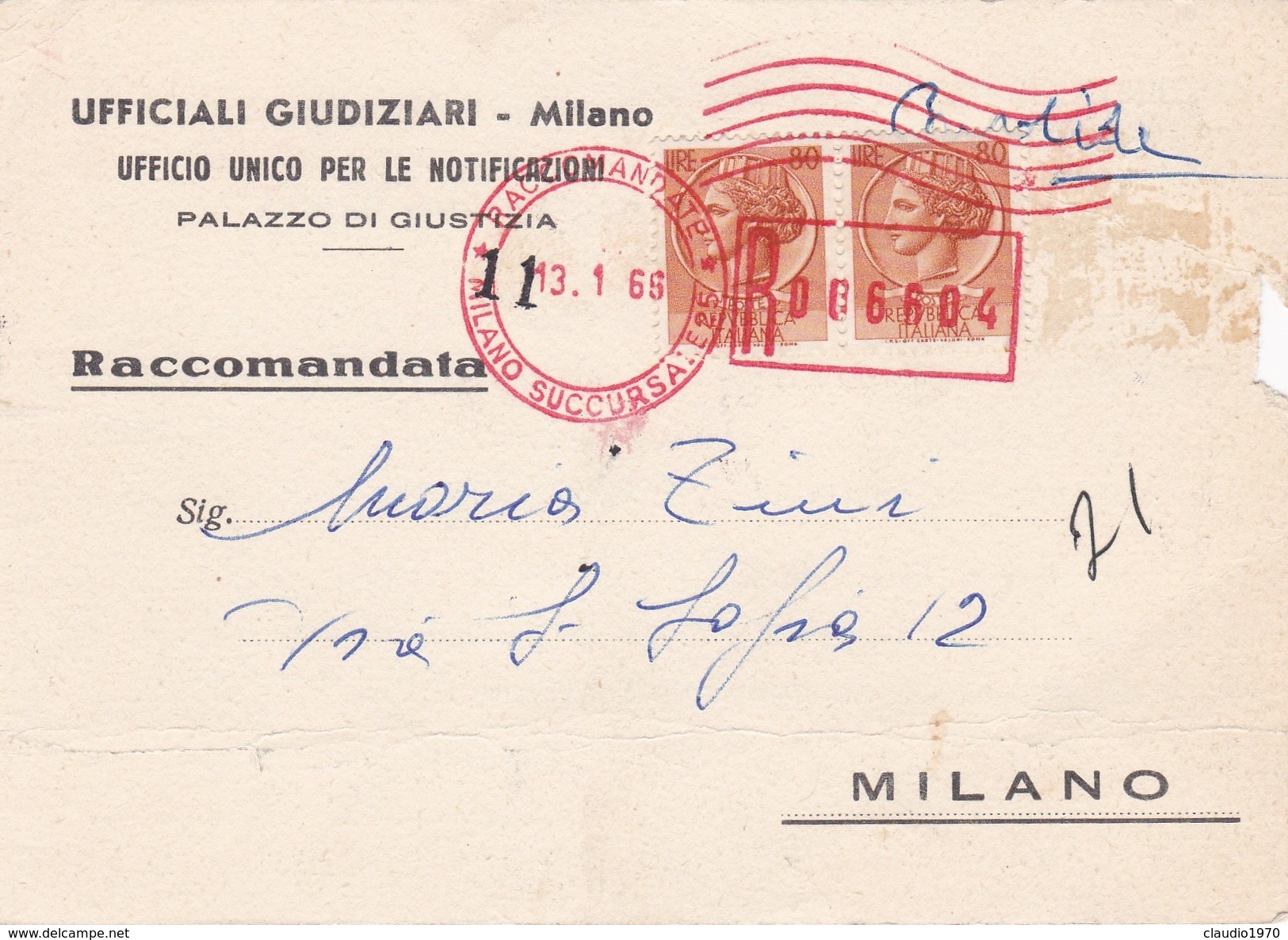 STORIA POSTALE  - UFFICIALI GIUDIZIARI - MILANO , RACCOMANDATA CON BOLLO . LIRE , 80 - 1961-70: Marcophilia