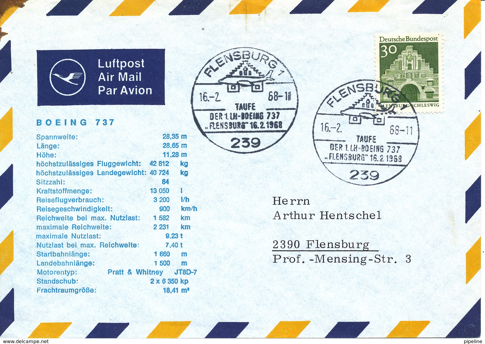 Germany Air Mail Cover TAUFE Der 1. LH-Boeing 737 FLENSBURG 16-2-1968 - Lettres & Documents