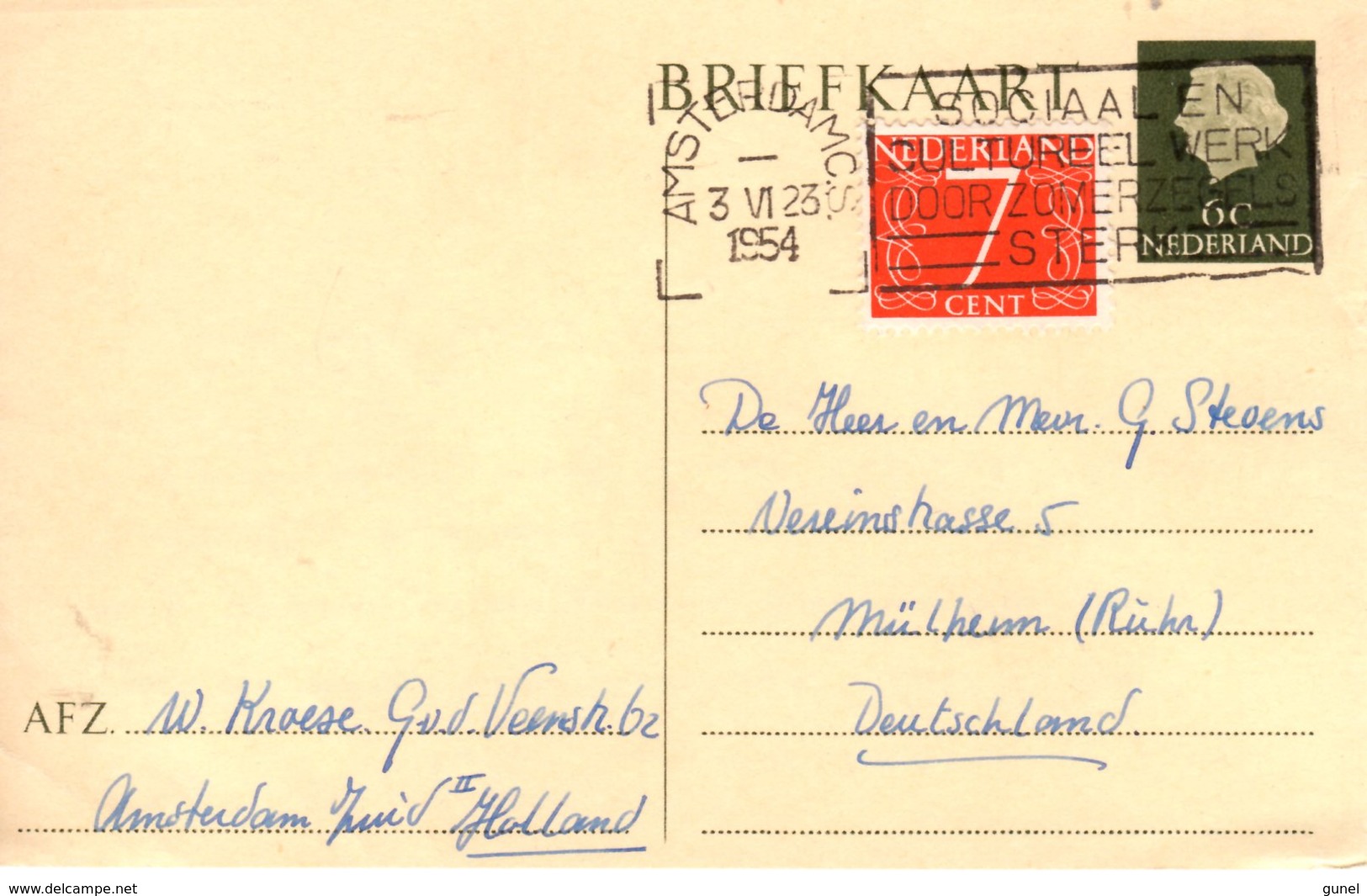 1954 Bk G313 Bijgefrankeerd Van Amsterdam Naar Mülheim - Postal Stationery