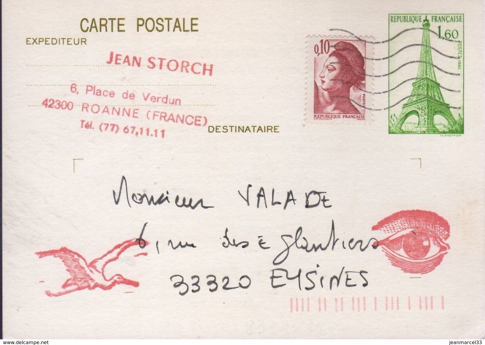 Carte Postale Entier 1,60 Tour Eiffel Repiquée Jean Storch Recto Verso Oblitération Mécanique - Postales  Transplantadas (antes 1995)