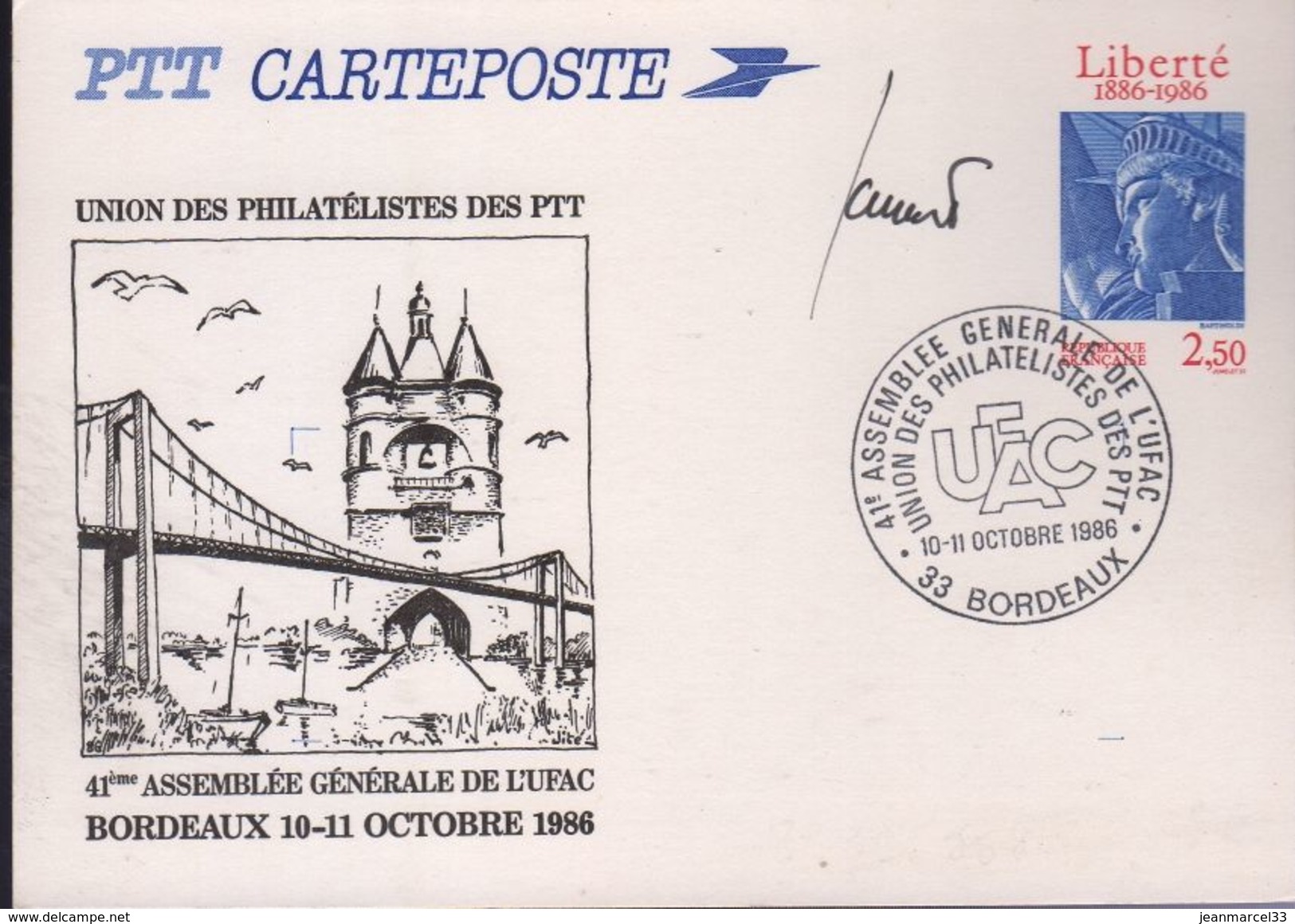 Carte Postale Entier 2,50 Liberté 1886-1986 Repiquée 41e Assemblée Générale De L'UFAC Oblitération Commémorative Bdx - Cartes Postales Repiquages (avant 1995)