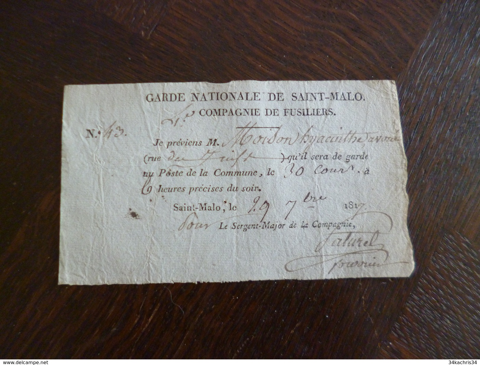 Billet De Garde Saint Malo Garde Nationale Compagnie Des Fusiliers 1817 Pour Moison Hyacinthe Avoué Autographe Sergent A - Documenten