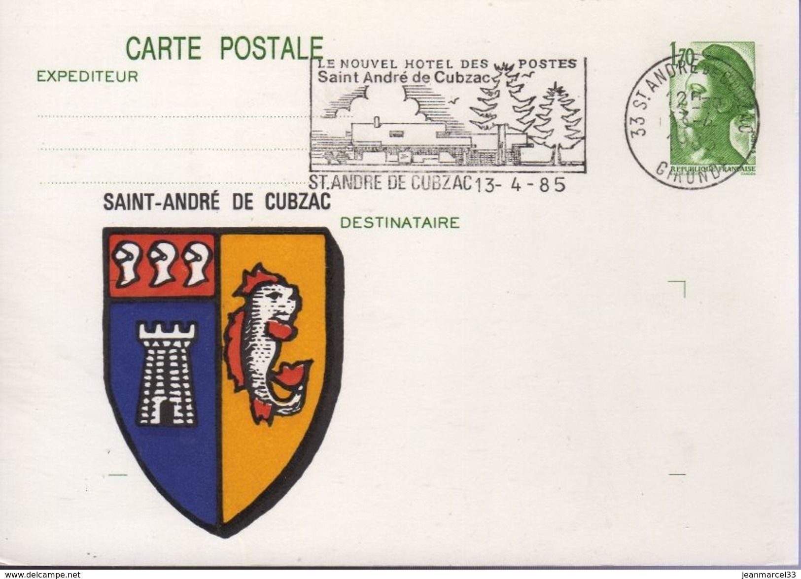 Carte Postale Entier 1,70 Vert Liberté Repiqué Blason De St André Oblitéré Flamme Commémorative 13-4-85 - Cartes Postales Repiquages (avant 1995)