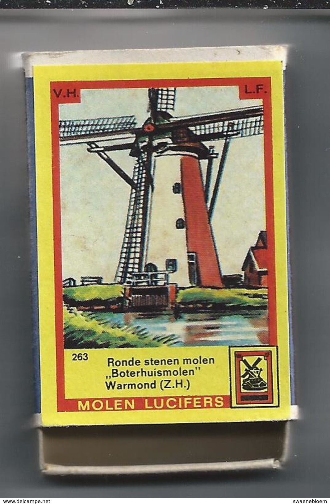 NL.- Warmond. Molen Lucifers  263 - Ronde Stenen Molen - Boterhuismolen - Luciferdoosje - Matchbox. 2 Scans - Luciferdozen